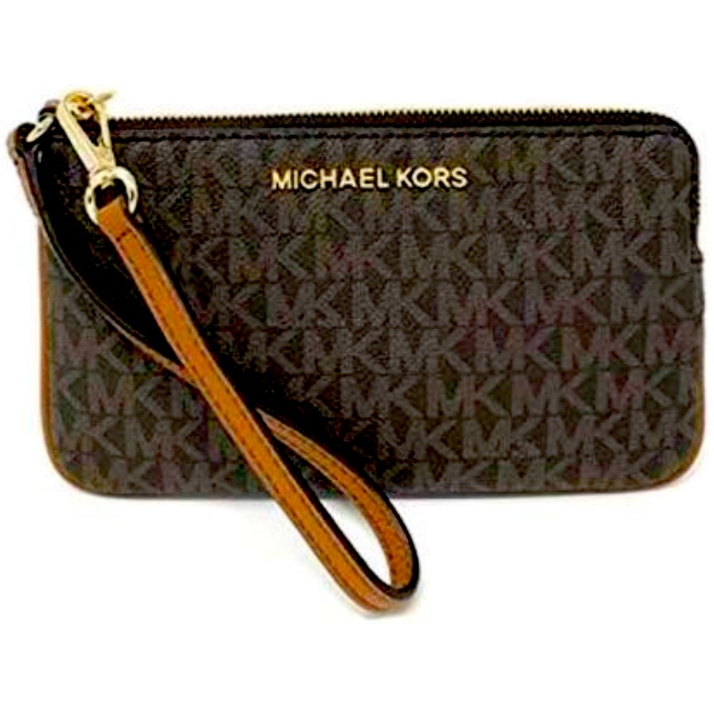 Michael Kors wristlet, brown and gold, approximately 7 5/8” x 4”